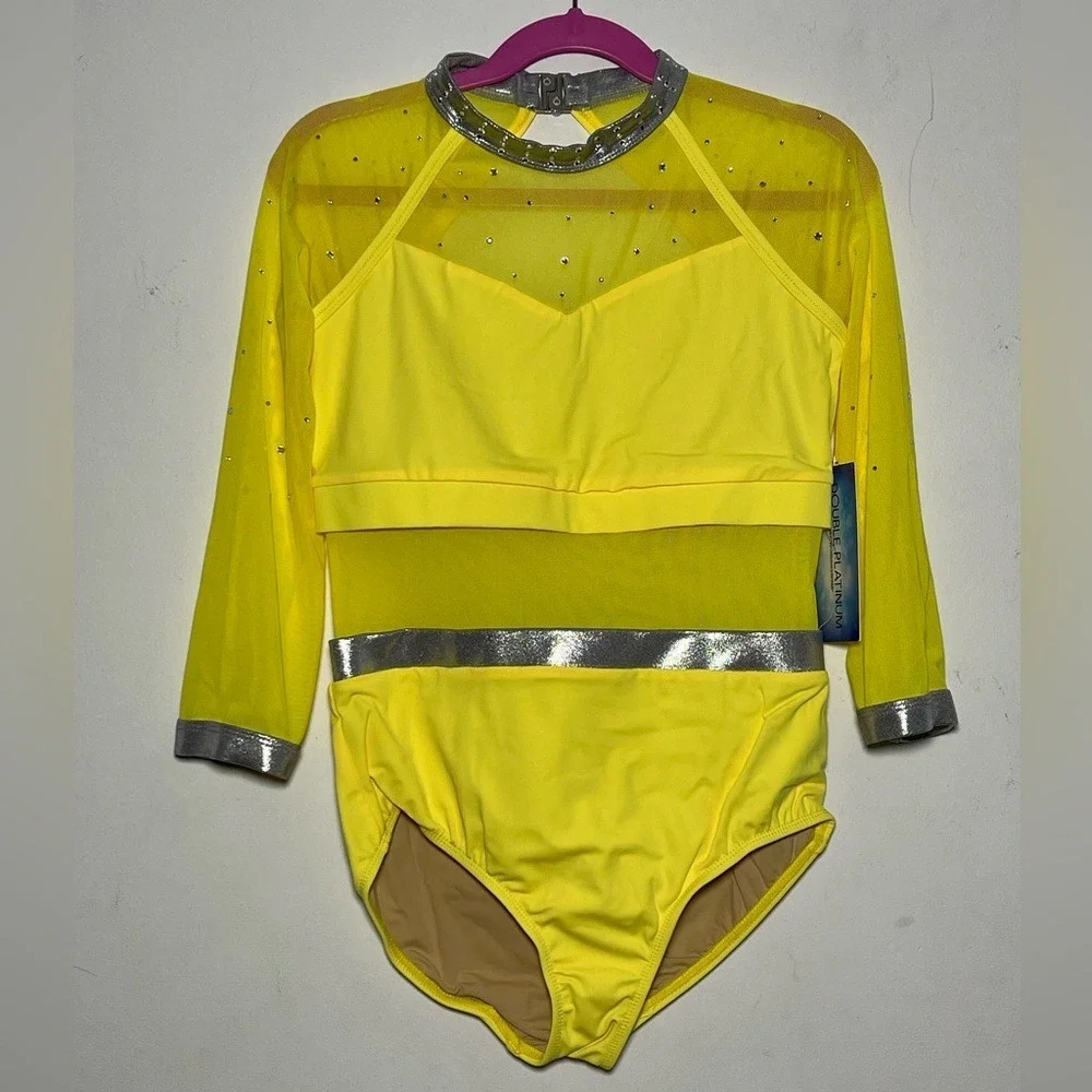 Double Platinum Yellow Lyrical Jazz Contemporary Dance Costume Leo with Skirt CL